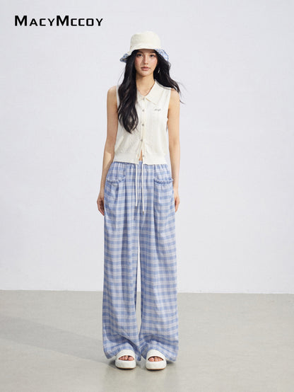 MacyMccoy MMC2026088 Plaid Lace Trim Wide Pants