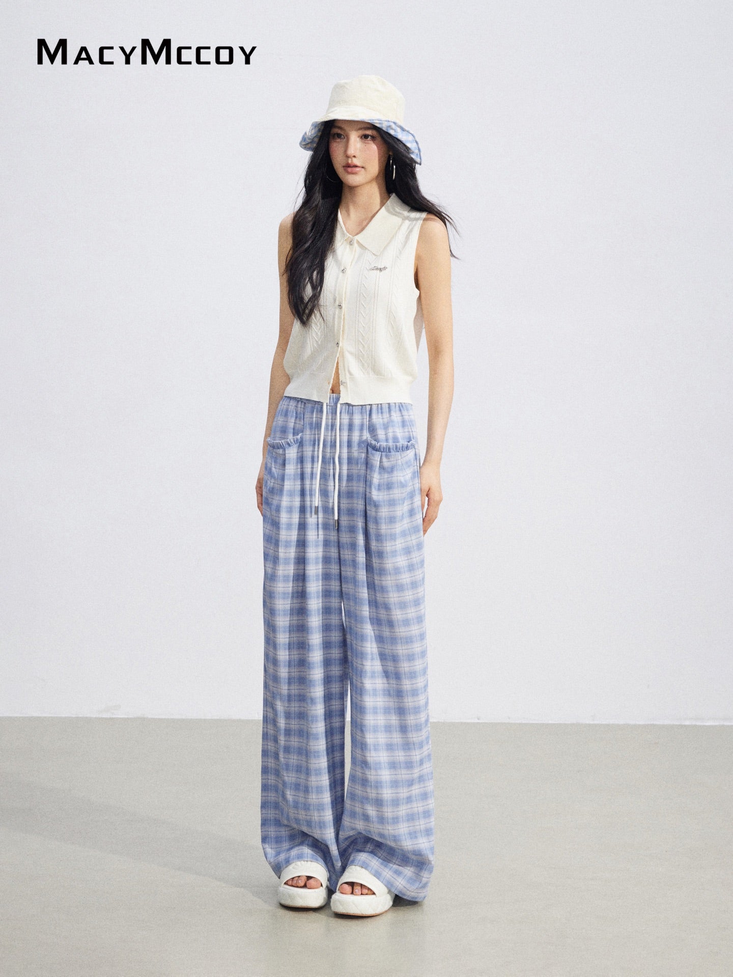 MacyMccoy MMC2026088 Plaid Lace Trim Wide Pants