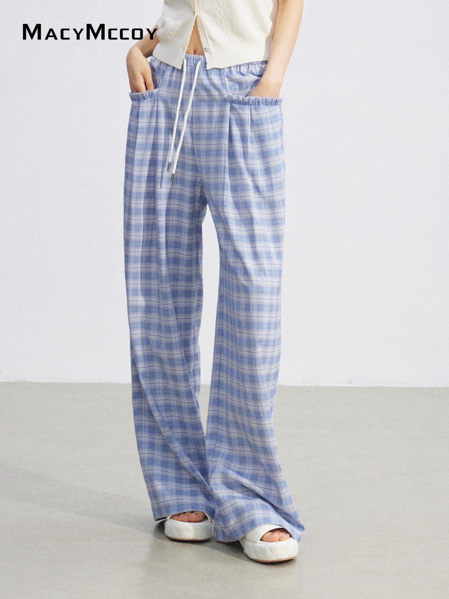 MacyMccoy MMC2026088 Plaid Lace Trim Wide Pants