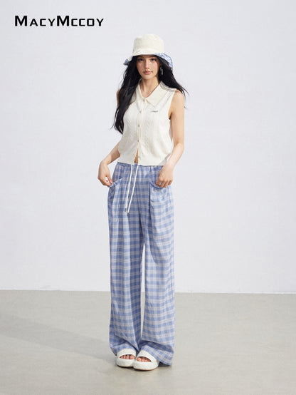 MacyMccoy MMC2026088 Plaid Lace Trim Wide Pants