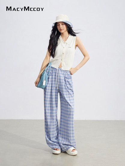 MacyMccoy MMC2026088 Plaid Lace Trim Wide Pants