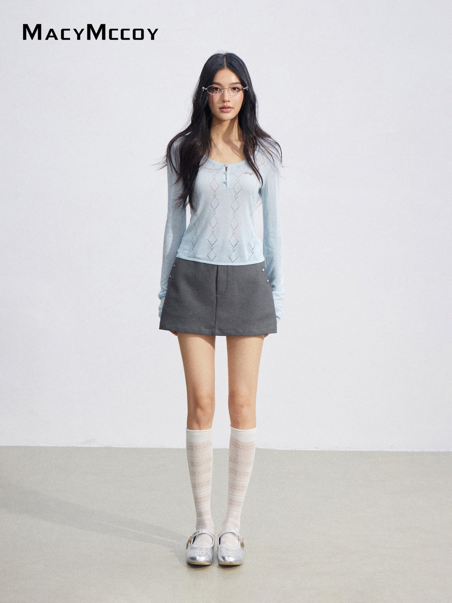 MacyMccoy MMC2026084 Ice Silk Hollow Out Knit Top(2color)