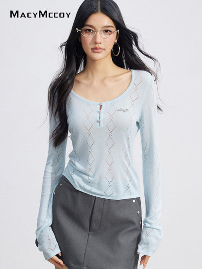 MacyMccoy MMC2026084 Ice Silk Hollow Out Knit Top(2color)