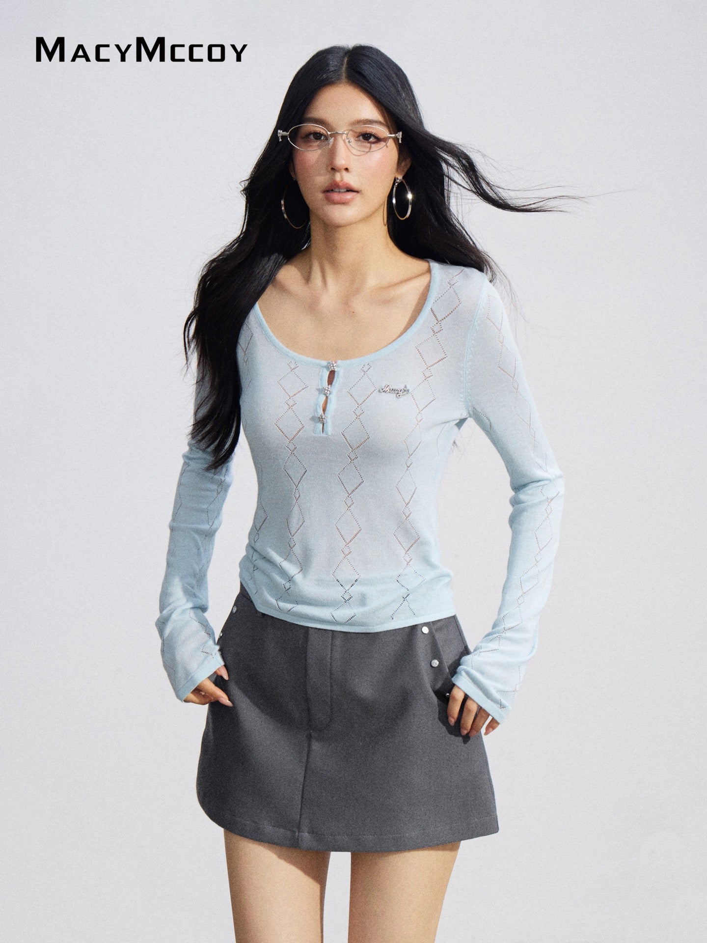 MacyMccoy MMC2026084 Ice Silk Hollow Out Knit Top(2color)