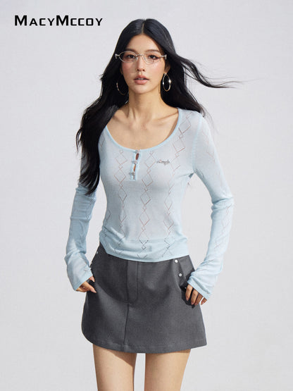 MacyMccoy MMC2026084 Ice Silk Hollow Out Knit Top(2color)