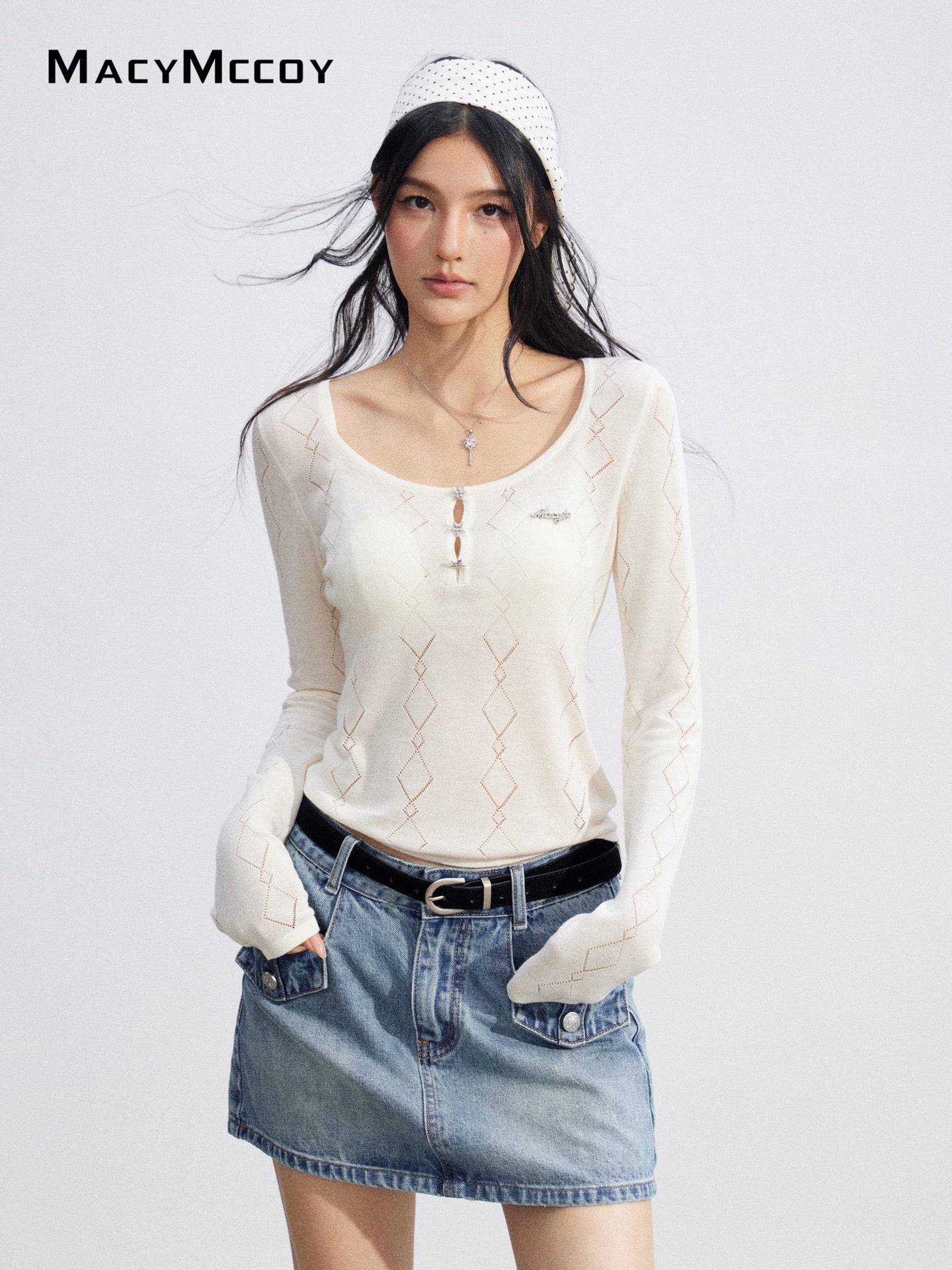 MacyMccoy MMC2026084 Ice Silk Hollow Out Knit Top(2color)