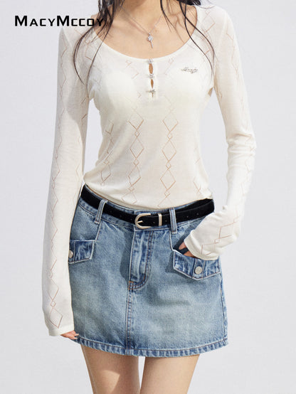 MacyMccoy MMC2026084 Ice Silk Hollow Out Knit Top(2color)