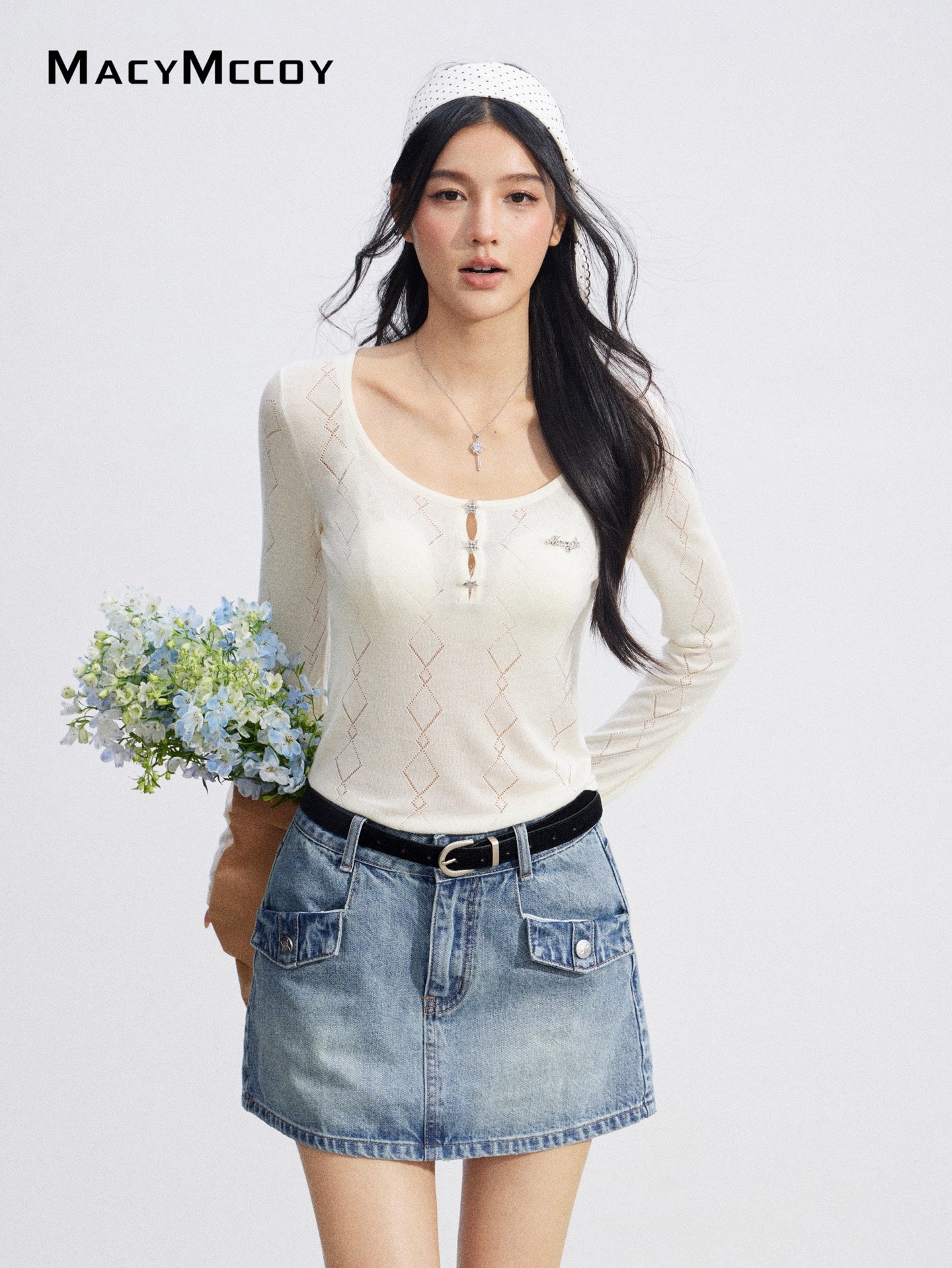 MacyMccoy MMC2026084 Ice Silk Hollow Out Knit Top(2color)