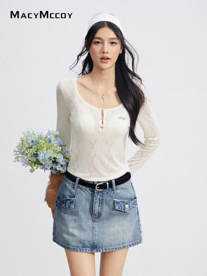 MacyMccoy MMC2026084 Ice Silk Hollow Out Knit Top(2color)