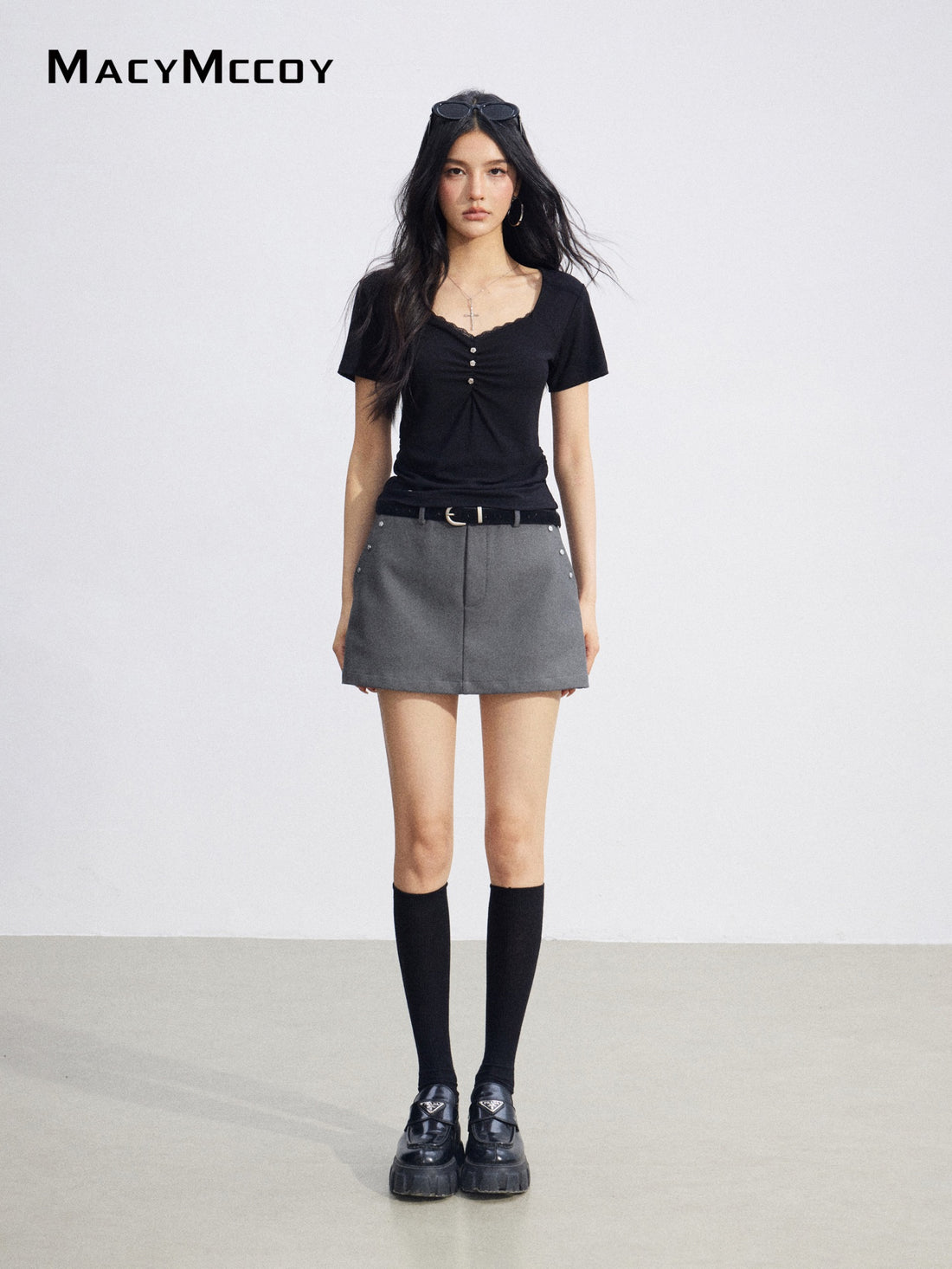 MacyMccoy MMC2026078  Lace Panel Ruched Top
