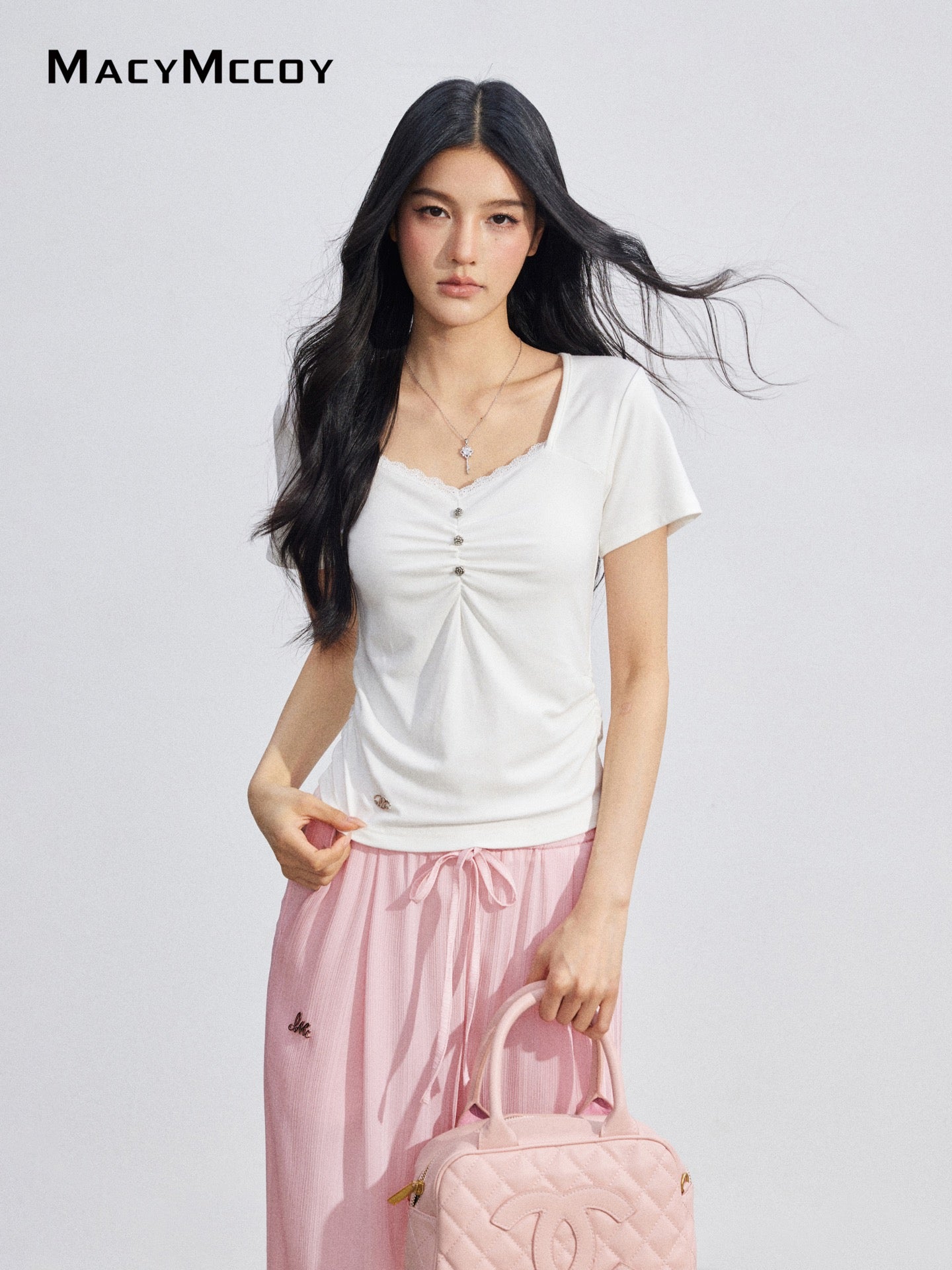 MacyMccoy MMC2026078  Lace Panel Ruched Top