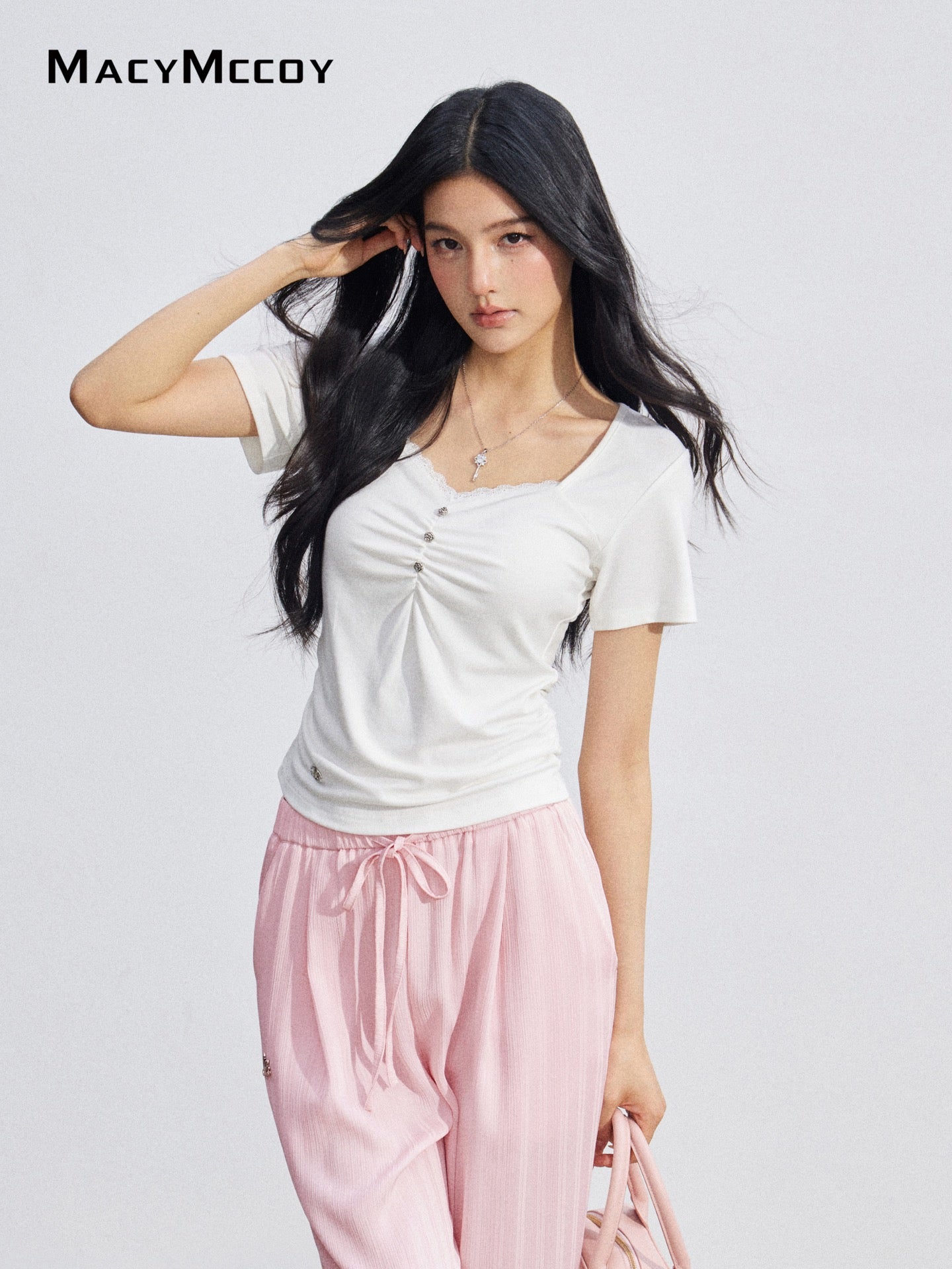 MacyMccoy MMC2026078  Lace Panel Ruched Top
