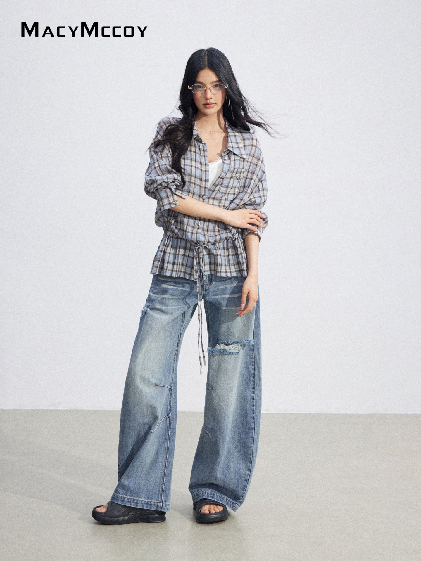 MacyMccoy MMC2026069 Plaid Tie Waist Shirt