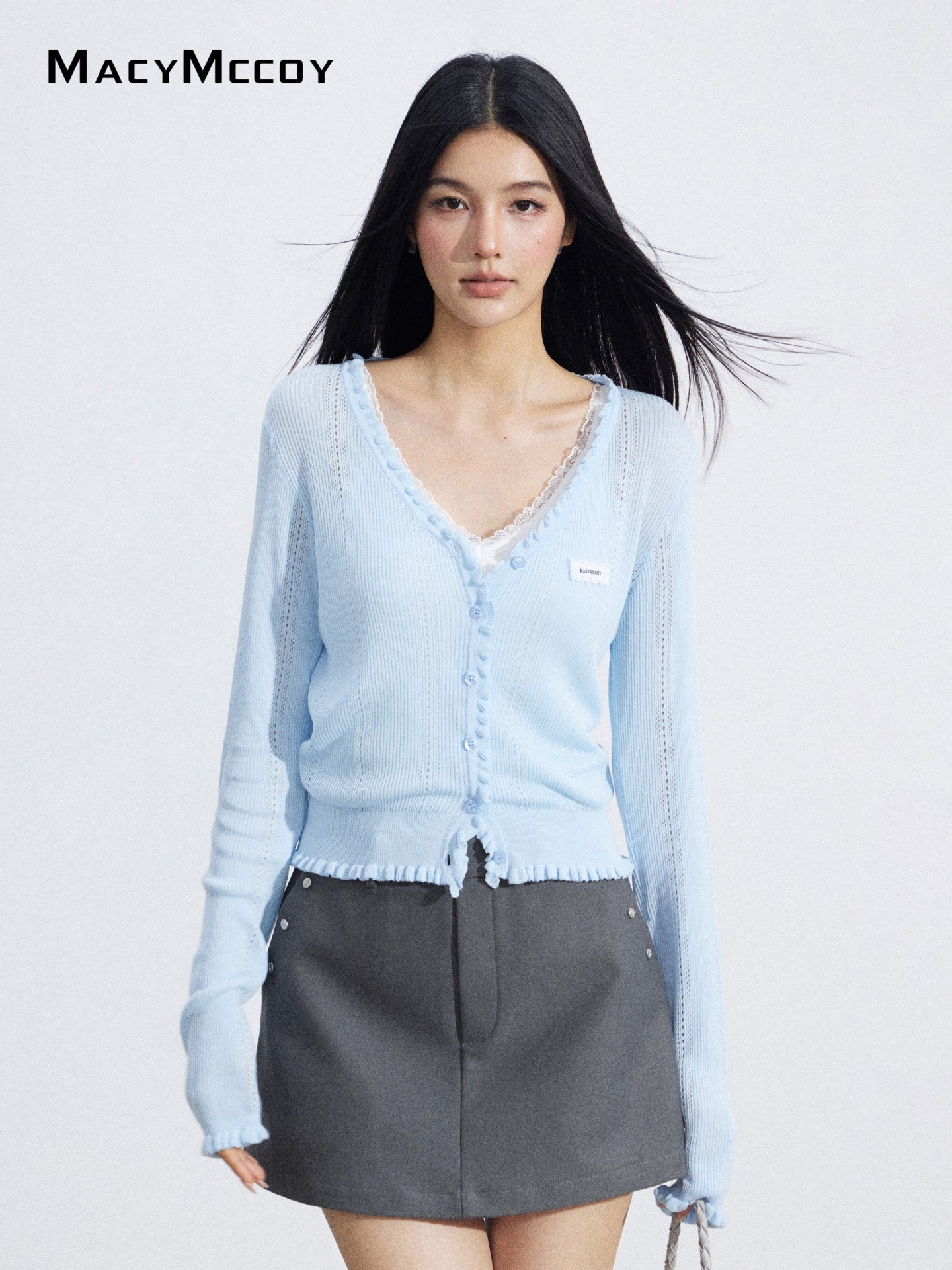 MacyMccoy MMC2026056 Lace Trim Mesh Cardigan(2color)