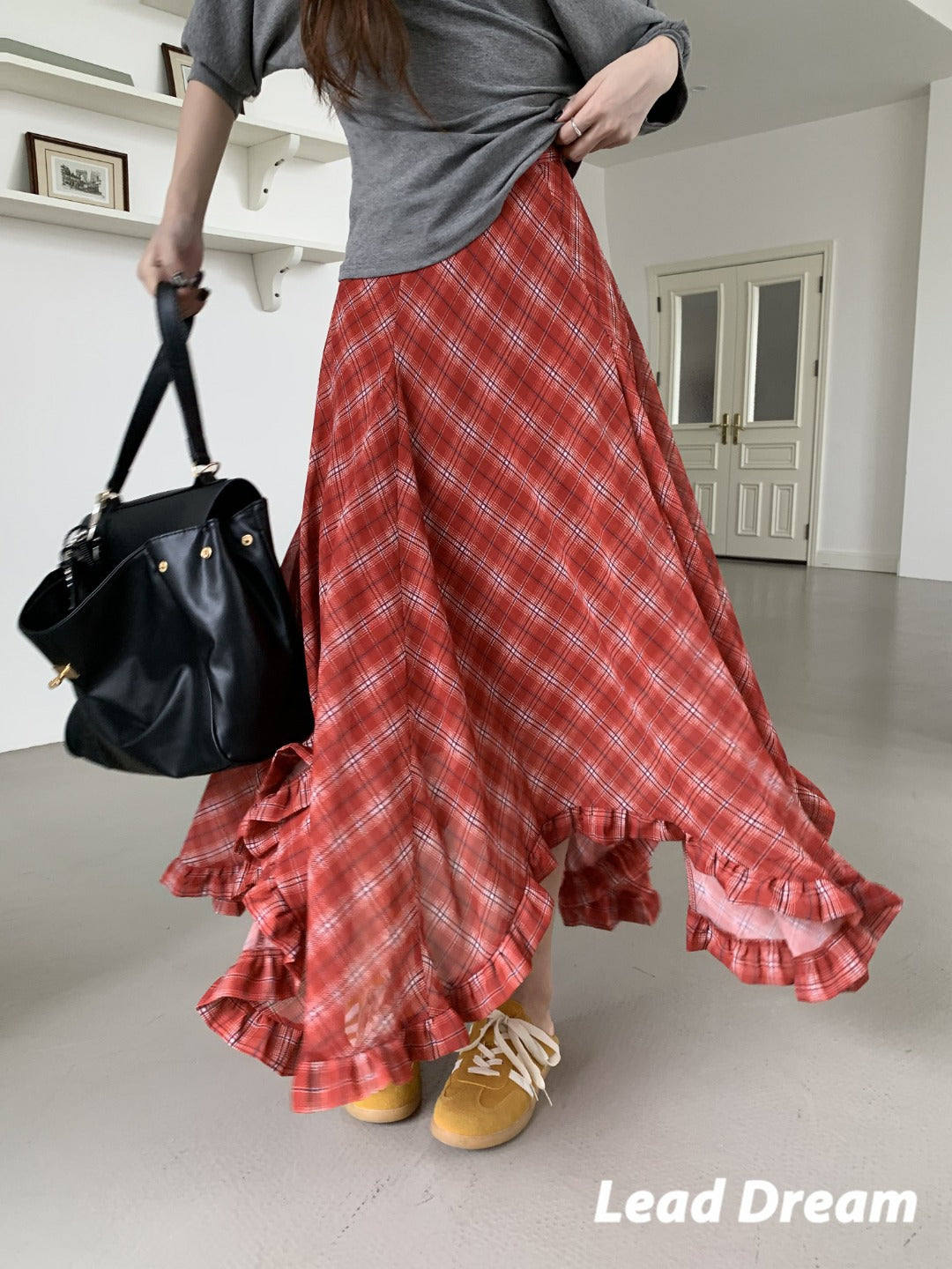 Leap Dream SALE ALD26002 Lace-Trimmed Plaid Chiffon Skirt