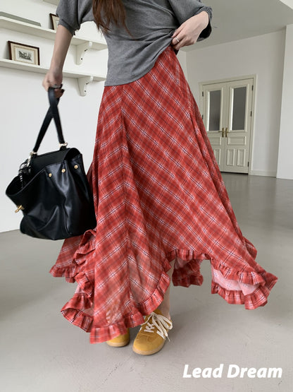 Leap Dream SALE ALD26002 Lace-Trimmed Plaid Chiffon Skirt