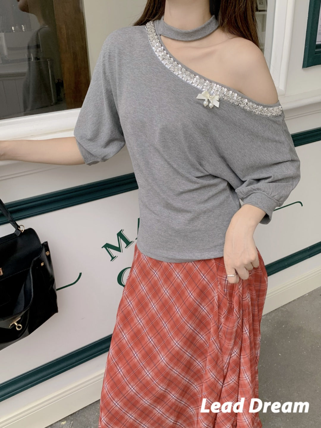 Leap Dream SALE ALD26001 Sequin One-Shoulder Halter Short Sleeve Top