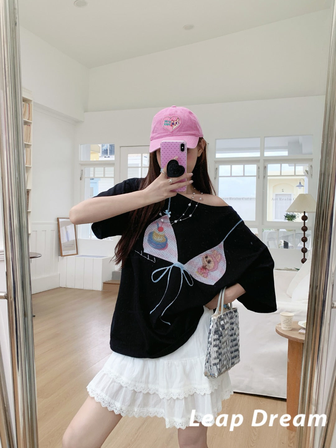 Leap Dream SALE ALD26006 Cartoon Print One-Shoulder Oversized T-Shirt