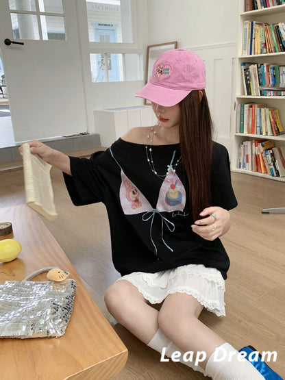 Leap Dream SALE ALD26006 Cartoon Print One-Shoulder Oversized T-Shirt