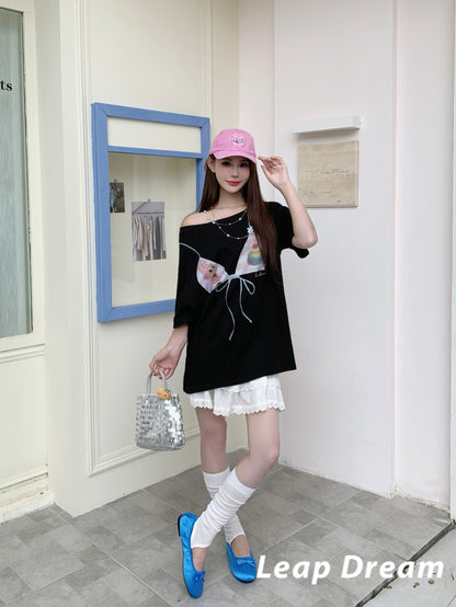 Leap Dream SALE ALD26006 Cartoon Print One-Shoulder Oversized T-Shirt