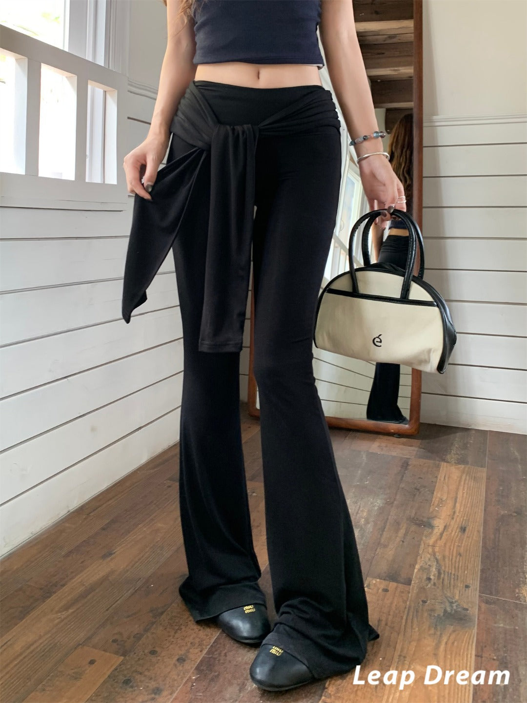 Leap Dream SALE ALD26018 Two-in-One Flared Pants with Tie Waist