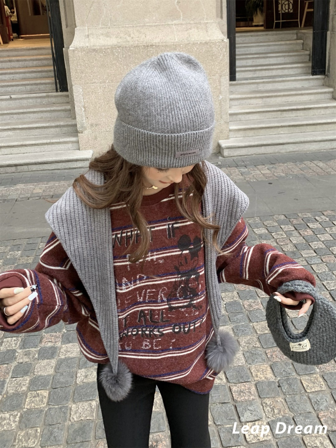 Leap Dream SALE ALD26024 Pom-Pom Striped Chunky Knit Top