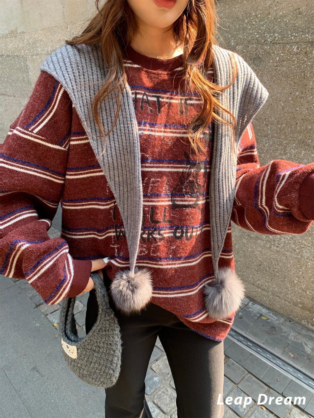 Leap Dream SALE ALD26024 Pom-Pom Striped Chunky Knit Top