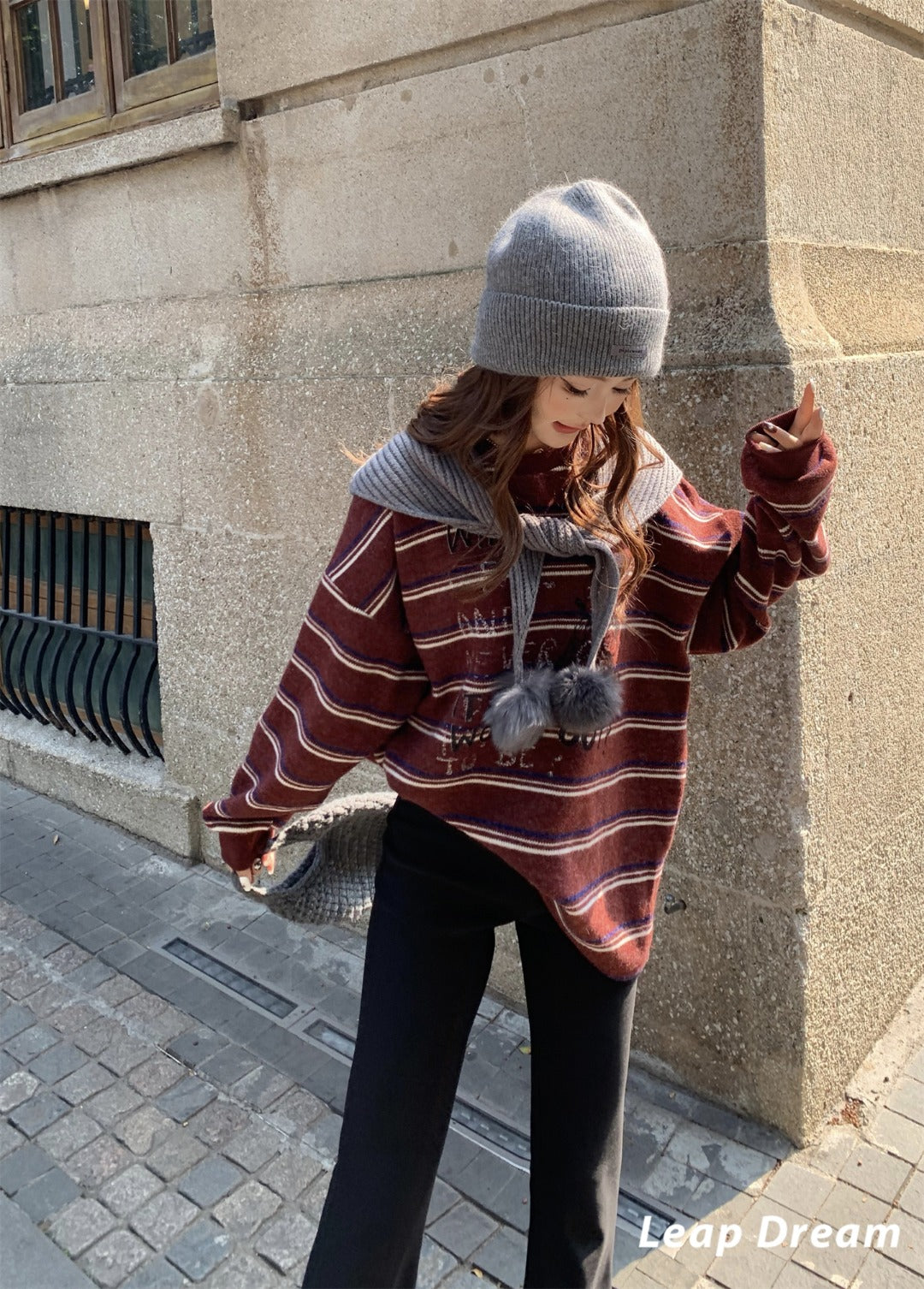 Leap Dream SALE ALD26024 Pom-Pom Striped Chunky Knit Top