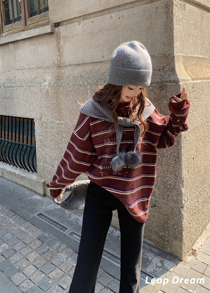 Leap Dream SALE ALD26024 Pom-Pom Striped Chunky Knit Top