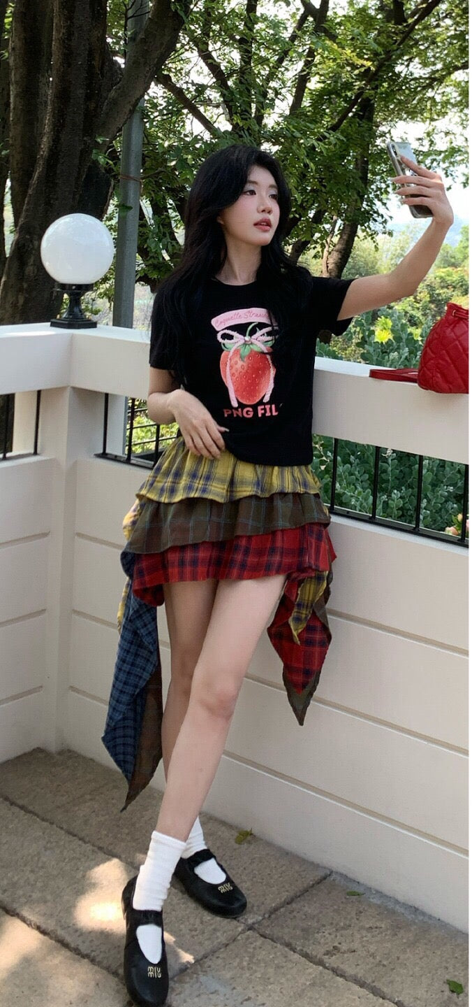 Crow Caim SALE CC25058 Color-Block Plaid Asymmetric Skirt
