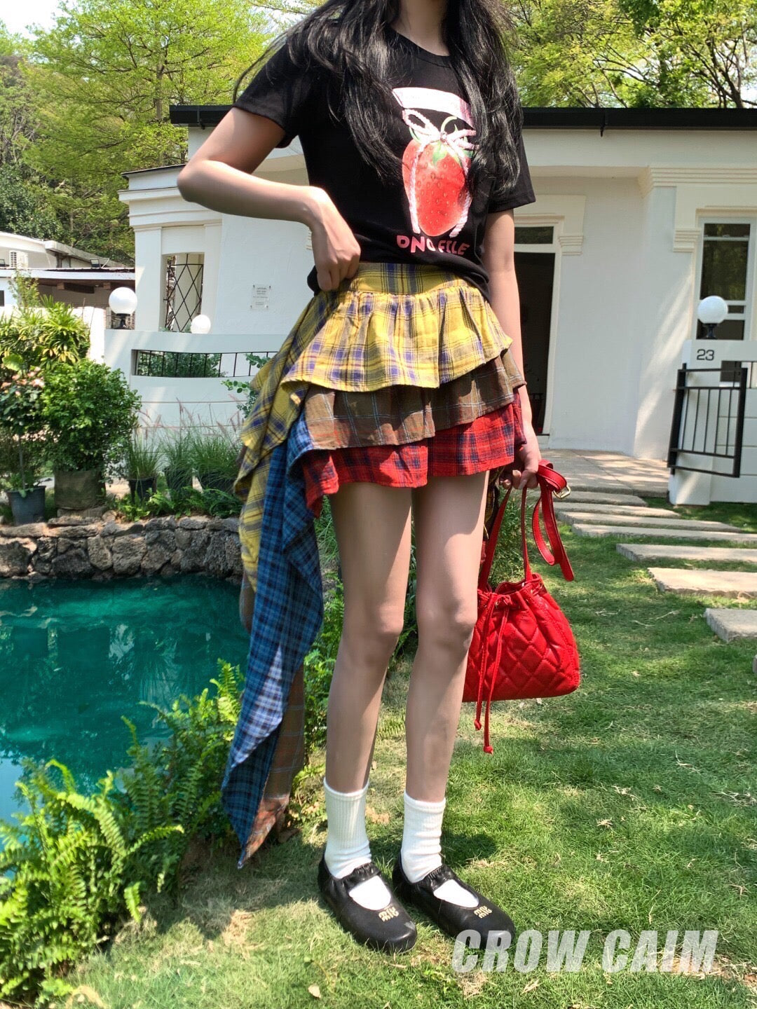 Crow Caim SALE CC25058 Color-Block Plaid Asymmetric Skirt