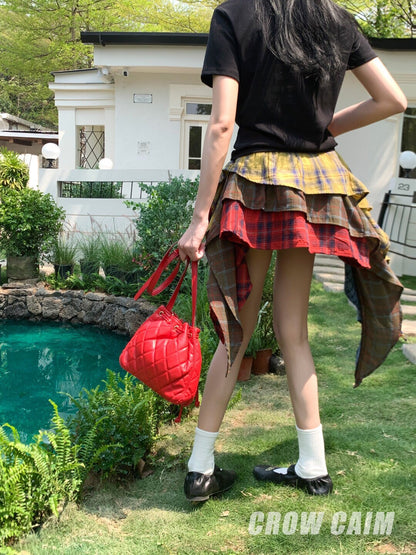 Crow Caim SALE CC25058 Color-Block Plaid Asymmetric Skirt