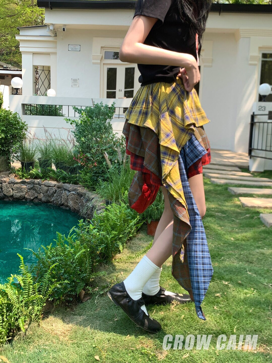Crow Caim SALE CC25058 Color-Block Plaid Asymmetric Skirt