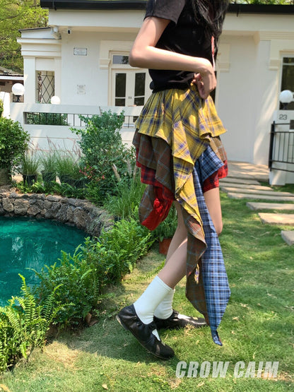 Crow Caim SALE CC25058 Color-Block Plaid Asymmetric Skirt