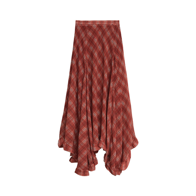 Leap Dream SALE ALD26002 Lace-Trimmed Plaid Chiffon Skirt