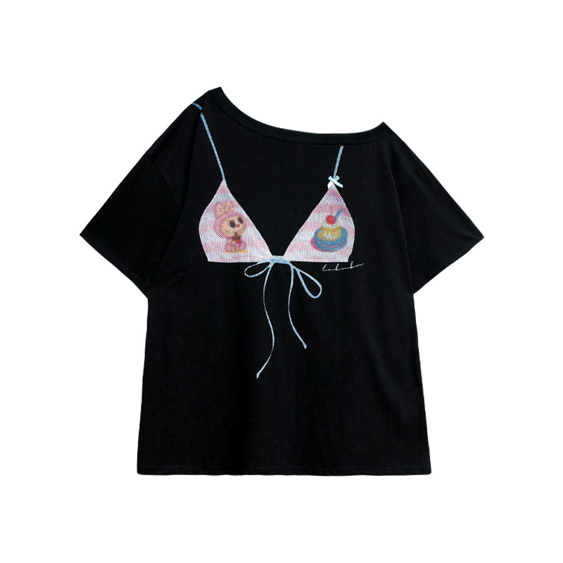 Leap Dream SALE ALD26006 Cartoon Print One-Shoulder Oversized T-Shirt