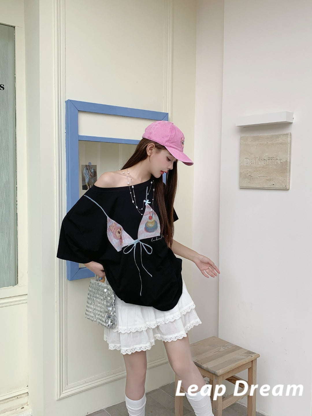 Leap Dream SALE ALD26006 Cartoon Print One-Shoulder Oversized T-Shirt