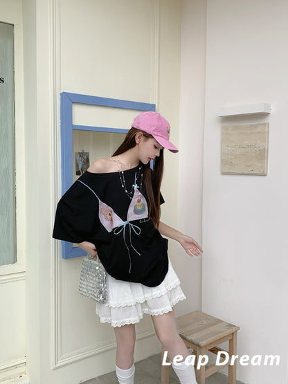 Leap Dream SALE ALD26006 Cartoon Print One-Shoulder Oversized T-Shirt