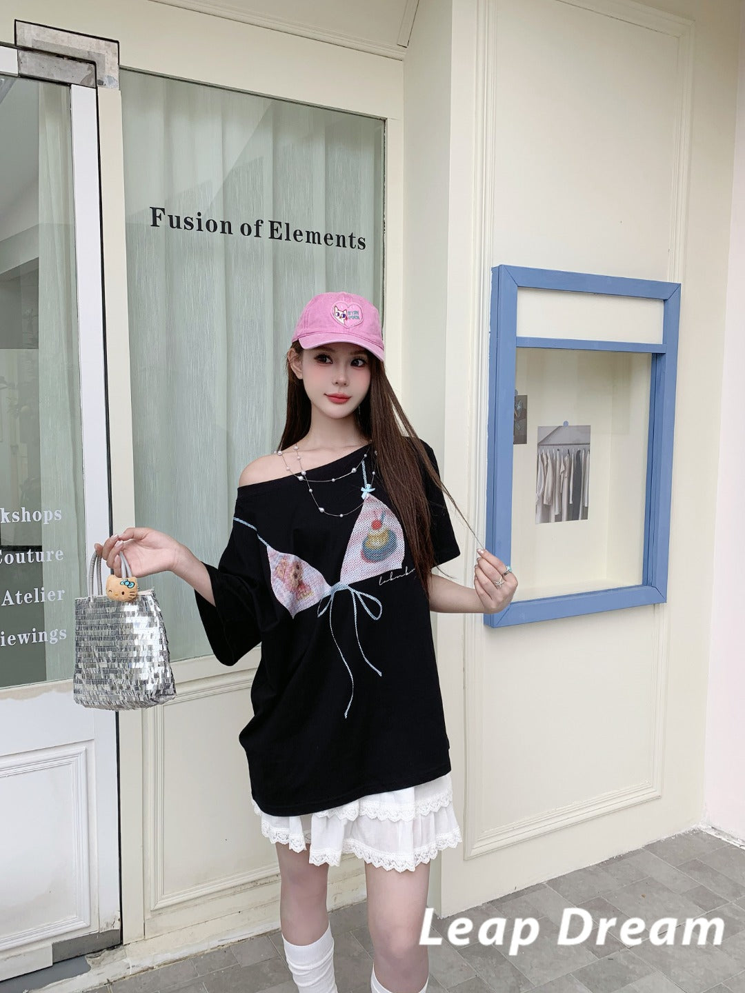 Leap Dream SALE ALD26006 Cartoon Print One-Shoulder Oversized T-Shirt