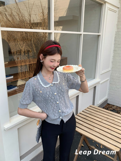 Leap Dream SALE ALD26010 Beaded Crochet Collar Short Sleeve Top