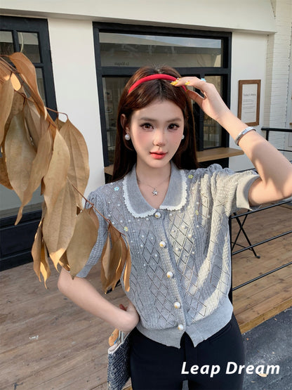 Leap Dream SALE ALD26010 Beaded Crochet Collar Short Sleeve Top
