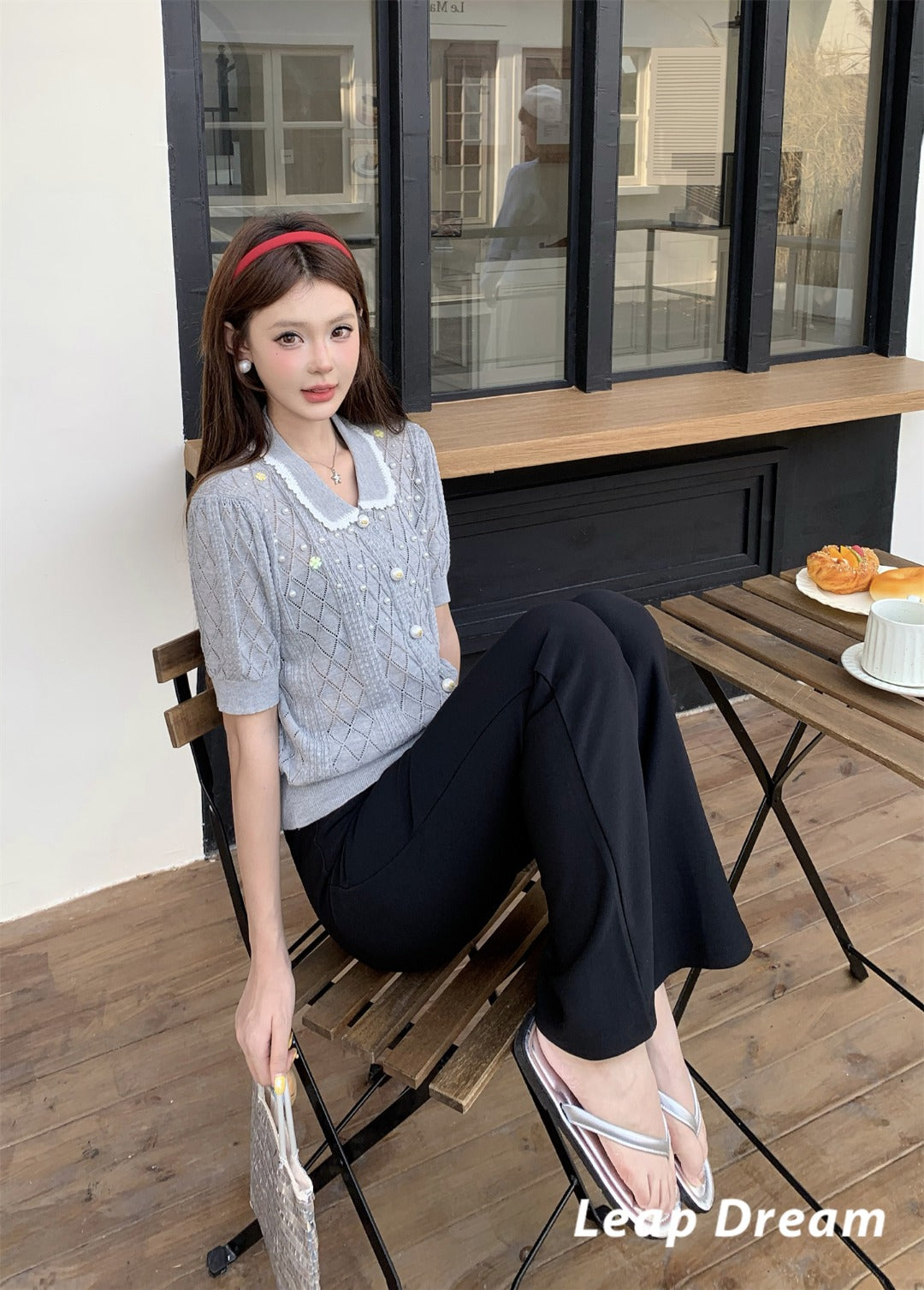 Leap Dream SALE ALD26010 Beaded Crochet Collar Short Sleeve Top