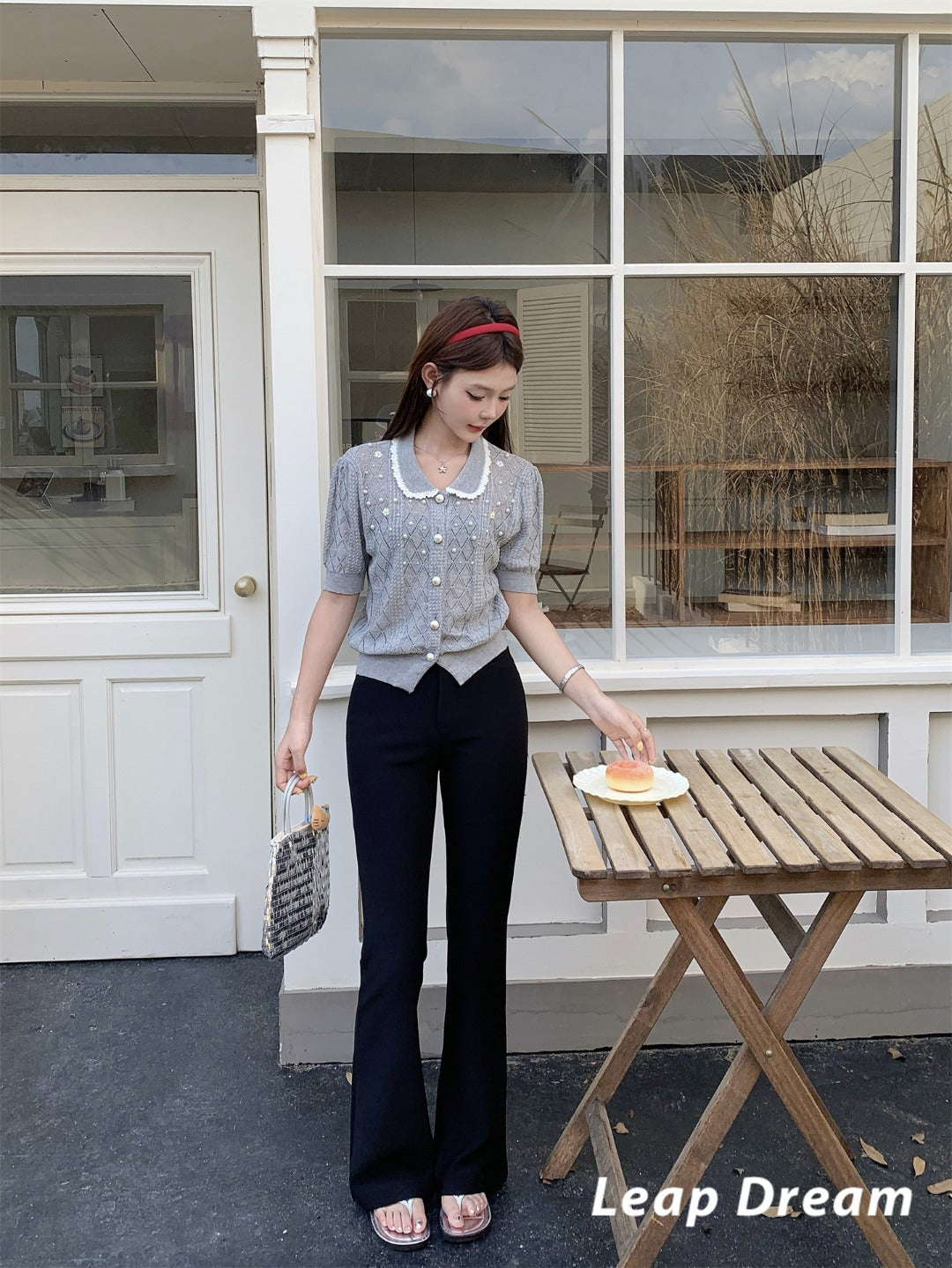 Leap Dream SALE ALD26010 Beaded Crochet Collar Short Sleeve Top