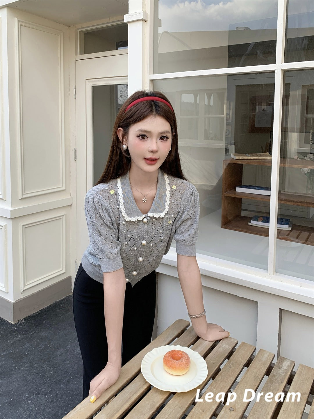 Leap Dream SALE ALD26010 Beaded Crochet Collar Short Sleeve Top
