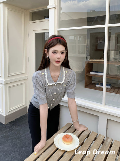 Leap Dream SALE ALD26010 Beaded Crochet Collar Short Sleeve Top