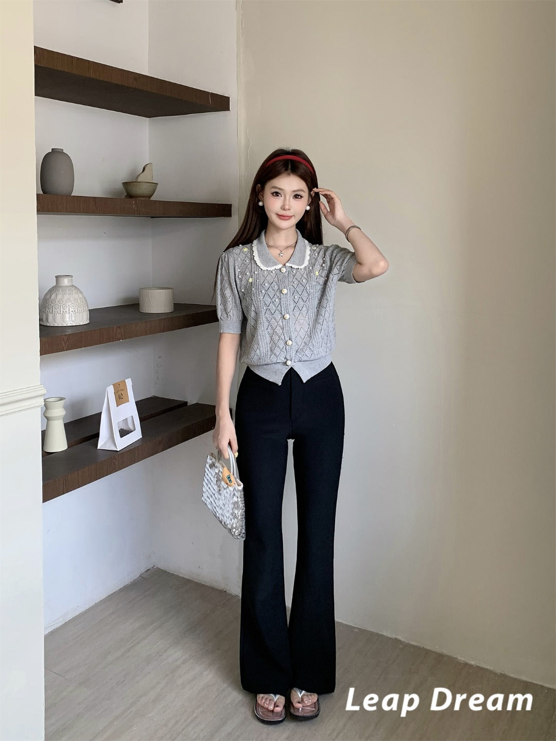 Leap Dream SALE ALD26010 Beaded Crochet Collar Short Sleeve Top