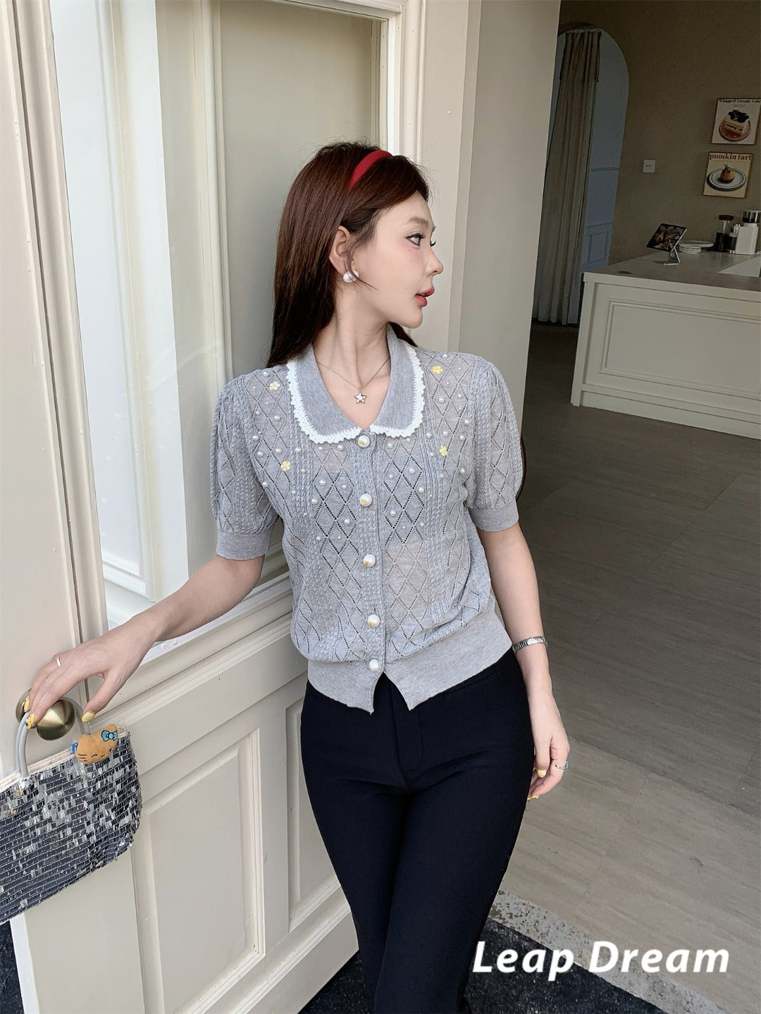 Leap Dream SALE ALD26010 Beaded Crochet Collar Short Sleeve Top