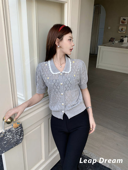 Leap Dream SALE ALD26010 Beaded Crochet Collar Short Sleeve Top