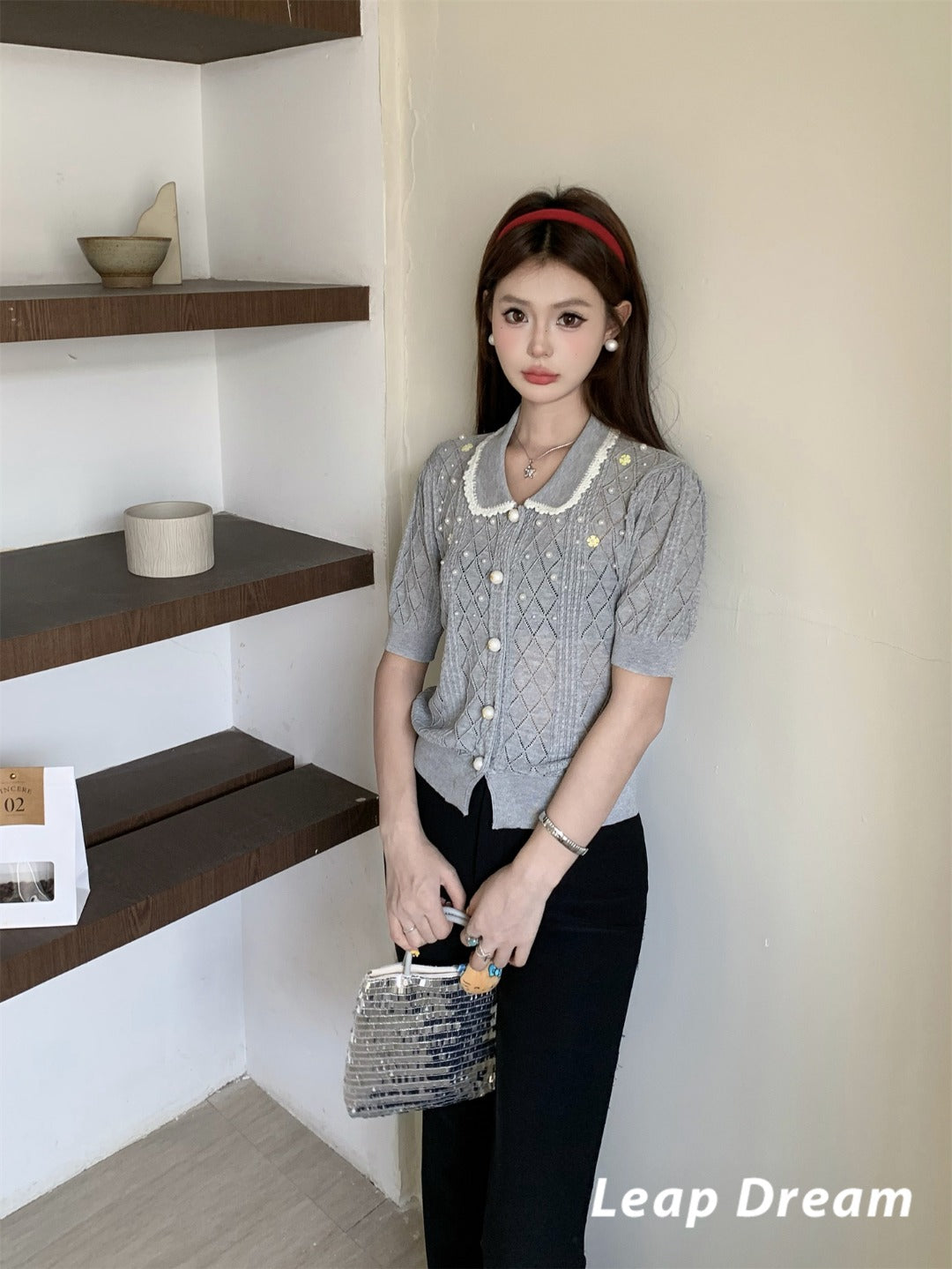 Leap Dream SALE ALD26010 Beaded Crochet Collar Short Sleeve Top