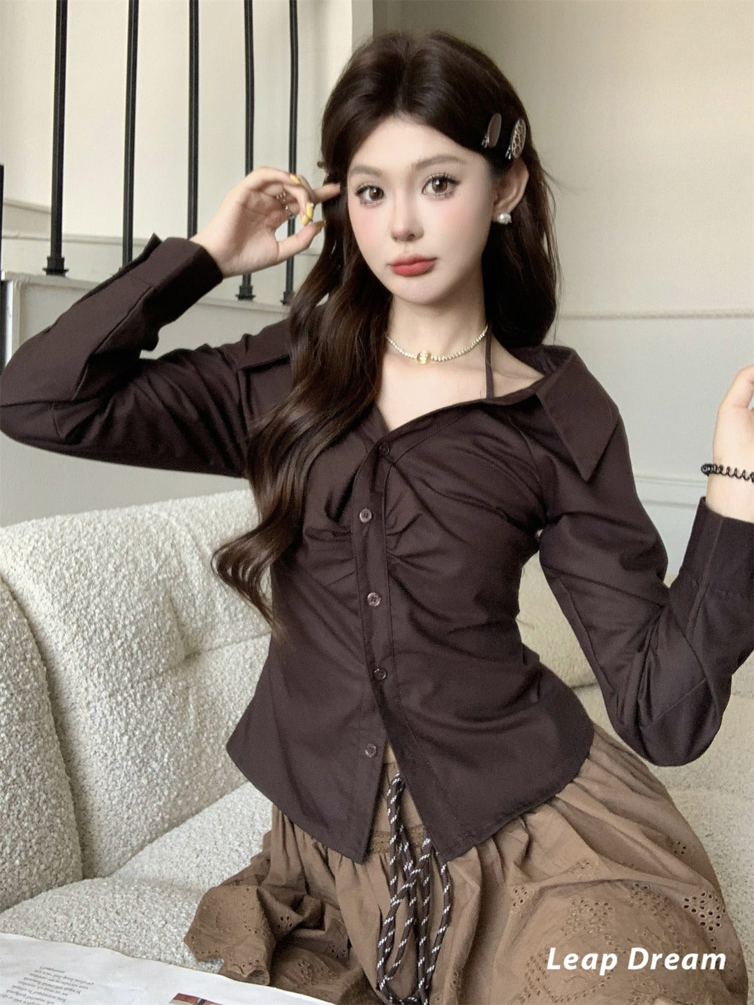 Leap Dream SALE ALD26013 Pleated Halter Fitted Shirt